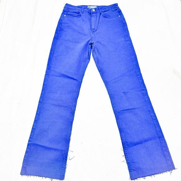 Zara High Rise Blue Dyed Straight Leg Denim Jeans Zip Fly Raw Hem Size 4 - Picture 2 of 7